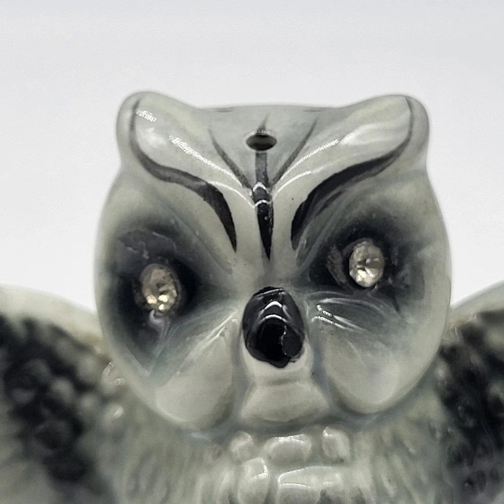 Vintage Enesco Japan MCM Owl Salt Pepper Shakers Gray Black Rhinestone Eyes